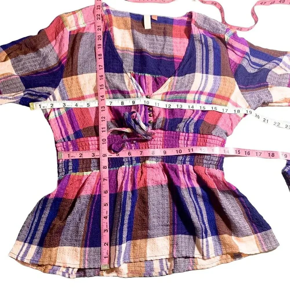 Pilcro Anthropologie Plaid Peplum Smocked Waist Long Sleeve Top Pink Navy Small